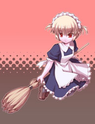 Rule 34 | 1girl, apron, blonde hair, broom, broom riding, expressionless, halftone, halftone background, loafers, looking away, maid, maid apron, maid headdress, original, puffy sleeves, red eyes, shoes, short hair, short sleeves, solo, twintails, yukimura tsubame