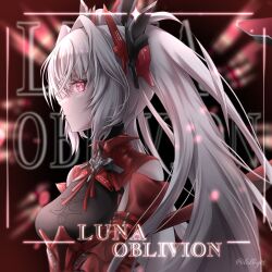Rule 34 | 1girl, artist name, black bodysuit, bodysuit, character name, cross-shaped pupils, detached sleeves, from side, grey hair, hair between eyes, hair intakes, headgear, high collar, highres, lolbyts, long hair, luna: oblivion (punishing: gray raven), luna (punishing: gray raven), punishing: gray raven, red eyes, short sleeves, sidelocks, solo, symbol-shaped pupils, twintails