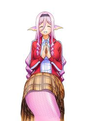 Rule 34 | 1girl, ^ ^, blouse, blush, breasts, closed eyes, collared shirt, drill hair, drill sidelocks, fins, grin, hair between eyes, hairband, head fins, highres, jacket, long hair, mermaid, meroune lorelei, monster girl, monster musume no iru nichijou, official art, okayado, own hands together, pink hair, plaid, plaid skirt, pleated skirt, red jacket, scales, school uniform, shirt, sidelocks, simple background, skirt, smile, solo, white background, white shirt
