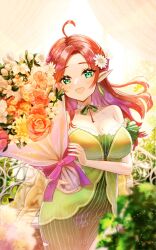 Rule 34 | 1girl, ahoge, bad id, bad twitter id, breasts, dress, floating hair, flower, green eyes, hair flower, hair ornament, hal rayon vert, highres, long hair, medium breasts, parted lips, propro production, red hair, solo, virtual youtuber, yamahara