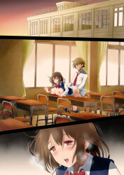 Rule 34 | 1boy, 1girl, ass, breasts, breasts out, brown hair, chair, classroom, clothed sex, clothes, highres, large breasts, looking at viewer, medium hair, netorare, nipples, on table, open clothes, open mouth, original, red eyes, saliva, saliva trail, school, school uniform, sex, sex from behind, smile, table