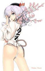 Rule 34 | 10s, 1girl, artist name, ass, beret, cherry blossoms, from behind, fundoshi, hat, highres, japanese clothes, kantai collection, kashima (kancolle), mizu happi, naruse hirofumi, signature, silver hair, solo, twintails, wavy hair