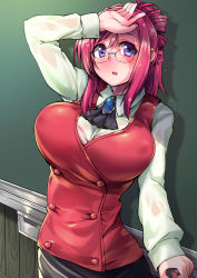 Rule 34 | 1girl, ascot, black ascot, black skirt, blush, breasts, brll, chalkboard, collared shirt, covered erect nipples, drill hair, gem, glasses, hand to forehead, hand up, highres, hot, kazami mizuho, large breasts, lipstick, long sleeves, looking at viewer, makeup, onegai teacher, parted lips, pencil skirt, purple eyes, red hair, red lips, red vest, shirt, short hair, skirt, solo, standing, sweat, vest, wet, wet clothes, white shirt, wing collar