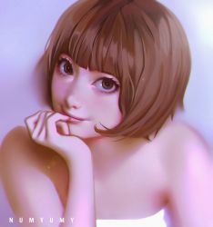 Rule 34 | 1girl, bare shoulders, blunt bangs, blurry, brown eyes, brown hair, closed mouth, depth of field, hand to own mouth, head tilt, looking at viewer, numyumy, original, pink lips, portrait, purple background, short hair, simple background, smile, solo, strapless, upper body