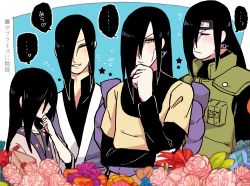 Rule 34 | 4boys, :o, aged down, aged up, black hair, blue background, blush, border, boruto: naruto next generations, child, closed eyes, closed mouth, earrings, facepaint, flower, forehead protector, gift, grin, japanese clothes, jewelry, kimono, long hair, long sleeves, multiple boys, multiple persona, naruto, naruto (series), naruto shippuuden, ninja, open mouth, orochimaru (naruto), pale skin, pink flower, pink rose, rose, smile, speech bubble, teeth, time paradox, vest, yazaki (yazakc), yellow eyes