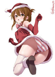Rule 34 | 1girl, ass, blush, bow, breasts, brown hair, christmas, commentary request, ebifurya, folded ponytail, from behind, fur-trimmed headwear, fur trim, gloves, hat, highres, inazuma (kancolle), kantai collection, long hair, looking at viewer, open mouth, panties, santa costume, santa hat, solo, striped clothes, striped panties, thighhighs, twisted torso, twitter username, underwear, white background