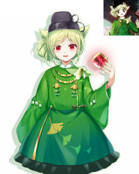 Rule 34 | 1girl, ai-generated art (topic), akinomiya asuka, black hat, cowboy shot, dress, drop shadow, earrings, frilled dress, frills, ginkgo leaf, green dress, green hair, hand up, hat, highres, jewelry, leaf, leaf print, long sleeves, looking at viewer, original, parted lips, print dress, red eyes, reference inset, smile, solo, sparkle, touhou, white background