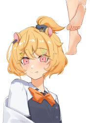 Rule 34 | 1girl, animal ears, barefoot, black scrunchie, black shirt, blush, bow, bowtie, eimi isami, eyelashes, feet, hair ornament, hair scrunchie, hairclip, hamster ears, hamster girl, high ponytail, highres, kalm ol, orange bow, orange bowtie, orange hair, phase connect, pink eyes, scrunchie, seed, shirt, short hair, soles, sunflower seed, tongue, tongue out, two-tone shirt, virtual youtuber, white shirt