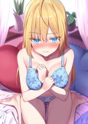 Rule 34 | 1girl, 3:, absurdres, barefoot, bed sheet, blonde hair, blue bra, blue eyes, blue panties, blush, bra, breasts, closed mouth, colored eyelashes, embarrassed, floral print, frown, heart, heart-shaped pillow, highres, indoors, kuro kinkan, large breasts, long hair, looking at viewer, nose blush, on bed, original, panties, pillow, plant, potted plant, print bra, print panties, sitting, solo, underwear, underwear only, v-shaped eyebrows, wariza