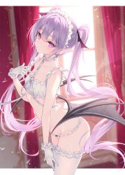 Rule 34 | 1girl, banned artist, bare arms, bare shoulders, bra, breasts, chest harness, cowboy shot, demon wings, frilled bra, frilled panties, frills, gloves, harness, headdress, highres, indoors, lingerie, long hair, looking at viewer, original, panties, pink eyes, purple hair, rurudo, small breasts, solo, thighhighs, twintails, underwear, underwear only, very long hair, white bra, white gloves, white panties, white thighhighs, wings