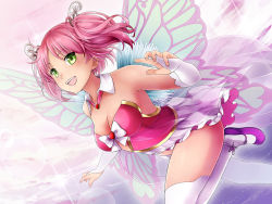 Rule 34 | 1girl, :d, bare shoulders, breasts, bridal gauntlets, butterfly ornament, cleavage, detached collar, dutch angle, fairy, fairy wings, flying, game cg, gradient background, green eyes, hair ornament, highres, hunie (series), huniepop, kyu sugardust, ninamo, non-web source, open mouth, pink hair, purple footwear, shoes, short twintails, showgirl skirt, sky, smile, solo, thighhighs, twintails, watermark, white thighhighs, wings