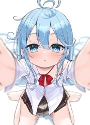 Rule 34 | 1girl, :o, barefoot, black skirt, blue eyes, blue hair, blurry, blurry background, bow, collared shirt, commentary request, copyright request, denpa onna to seishun otoko, depth of field, dress shirt, from above, hair between eyes, highres, long hair, long sleeves, looking at viewer, looking up, off shoulder, parted lips, pleated skirt, reaching, reaching towards viewer, red bow, school uniform, shirt, simple background, sitting, skirt, solo, touwa erio, tsukiman, very long hair, wariza, white background, white shirt