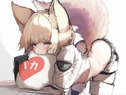 Rule 34 | 1girl, absurdres, animal ear fluff, animal ears, animal nose, arknights, bent over, black gloves, blonde hair, blunt bangs, blush, body fur, furrification, furry, furry female, gloves, highres, looking at viewer, pillow, platinum (arknights), short hair, simple background, solo, tab head, tail, thighhighs, white background, yellow eyes