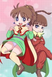 Rule 34 | 1boy, 1girl, blue eyes, brother and sister, brown hair, cape, dress, earrings, final fantasy, final fantasy iv, fukuro (fxxk law), fxxk law, highres, jewelry, long hair, open mouth, palom, panties, ponytail, porom, siblings, smile, thighhighs, twins, underwear