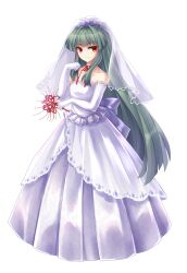 Rule 34 | 1girl, akinomiya asuka, blunt bangs, breasts, bridal veil, commentary request, dress, elbow gloves, flower, full body, gloves, green hair, hair down, highres, holding, holding flower, long dress, long hair, mystical power plant, original, red eyes, red flower, ribbon, simple background, small breasts, solo, spider lily, strapless, strapless dress, suitokuin tenmu, touhou, transparent background, veil, wedding dress, white dress, white gloves, white ribbon, white veil