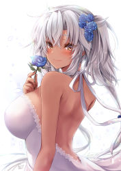 Rule 34 | 1girl, absurdres, back, bare shoulders, black nails, blue flower, blue rose, blush, breasts, brown eyes, cleavage, dark-skinned female, dark skin, dress, flower, hair between eyes, hair ornament, highres, kantai collection, large breasts, light brown hair, long hair, looking at viewer, looking back, mashiro yukiya, musashi (kancolle), nail polish, off shoulder, pointy hair, rose, short hair with long locks, smile, solo, twintails, two side up, white dress