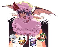 Rule 34 | 5girls, bad id, bad pixiv id, bat (animal), bat wings, blue hair, chibi, eyelashes, female focus, flandre scarlet, hat, hong meiling, izayoi sakuya, leaning forward, light smile, looking at viewer, mary janes, multiple girls, oekaki, outstretched arms, patchouli knowledge, red eyes, remilia scarlet, ribbon, shoes, shue, skirt, skirt set, slit pupils, spread arms, embodiment of scarlet devil, touhou, wings