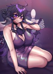 Rule 34 | 1girl, ahoge, alternate costume, blush, breasts, cleavage, cleavage cutout, clothing cutout, crawling dreams, curvy, dress, eyebrows, hair between eyes, highres, huge breasts, lamp, long hair, looking at viewer, nyarla (osiimi), office lady, on bed, osiimi, purple dress, purple eyes, purple hair, shirt, sitting, smile, steam, steaming body, thick thighs, thighs