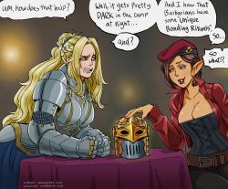 Rule 34 | 2girls, armor, bb (baalbuddy), belt, beret, blonde hair, boobplate, breastplate, breasts, colorized, commentary, corset, elf, english commentary, english text, female knight, gauntlets, green eyes, hat, unworn headwear, helmet, unworn helmet, highres, himerosy, knight, large breasts, leaning forward, lipstick, makeup, mole, mole under mouth, multiple girls, original, pauldrons, pointy ears, self-upload, shoulder armor, simple background, virginia kissless, white background, wide-eyed