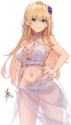 Rule 34 | 1girl, absurdres, aqua eyes, bikini, blonde hair, braid, breasts, character request, cleavage, closed mouth, criss-cross halter, cross-laced bikini, cross-laced clothes, flower, french braid, hair flower, hair ornament, halterneck, halterneck, hand on own hip, heaven burns red, highres, kimi tsuru, large breasts, long hair, looking afar, midriff, navel, see-through, simple background, smile, solo, stomach, swimsuit, thighs, white background, white bikini