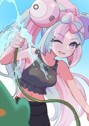 Rule 34 | 1girl, bellibolt, blue hair, bow-shaped hair, breasts, character hair ornament, creatures (company), frills, game freak, gen 1 pokemon, hair ornament, iono (pokemon), long hair, looking at viewer, magnemite, mizuiro123, multicolored hair, nintendo, pink hair, pokemon, pokemon (creature), pokemon sv, smile, swimsuit, teeth, two-tone hair, water