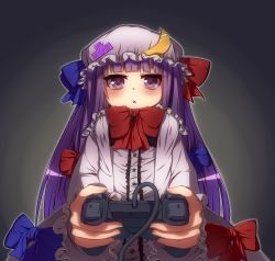 Rule 34 | 1girl, :&lt;, blush, bow, controller, crescent, dualshock, female focus, game console, game controller, gamepad, hair bow, hat, hat ornament, highres, long hair, open mouth, patchouli knowledge, playing games, playstation 2, playstation controller, purple eyes, purple hair, rutsubo, solo, tetris, touhou, triangle mouth