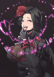 Rule 34 | 1girl, absurdres, black bodysuit, black coat, black gloves, black hair, black mask, bodysuit, breasts, coat, collar, fingerless gloves, flower, gloves, goddess of victory: nikke, hair flower, hair ornament, heart, highres, large breasts, lock, long hair, looking at viewer, maiden (nikke), mask, mouth mask, parted bangs, red coat, red eyes, red flower, shoulder spikes, solo, spikes, taiyang yu, tongue, tongue out, two-sided coat, two-sided fabric