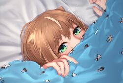 Rule 34 | 1girl, absurdres, animal ears, ayunda risu, bed sheet, blanket, brown hair, green eyes, highres, hololive, hololive indonesia, hoso-inu, listener (inugami korone), local catto, looking at viewer, solo, squirrel ears, squirrel girl, under covers, virtual youtuber