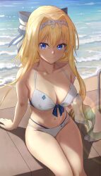 Rule 34 | 1girl, absurdres, alice zuberg, bare shoulders, beach, blonde hair, blue eyes, breasts, cleavage, commentary request, feet out of frame, grey hairband, hairband, highres, large breasts, long hair, looking at viewer, navel, sigure yusyo, smile, solo, standing, stomach, sword art online, thighs, very long hair, water