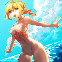 Rule 34 | 10s, 1girl, ahoge, blonde hair, bow, breasts, cleavage, day, fate/extra, fate (series), green eyes, highleg, highleg swimsuit, kin mokusei, medium breasts, nero claudius (fate), nero claudius (fate), nero claudius (fate/extra), ocean, one-piece swimsuit, sky, smile, solo, swimsuit