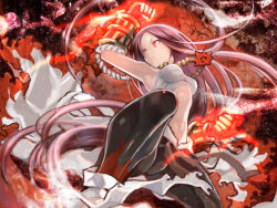 Rule 34 | 1girl, armpits, black pants, breasts, clenched hand, closed mouth, clothes around waist, commentary request, feet out of frame, flame print, gauntlets, gloves, jakushou archer, jewelry, long hair, looking to the side, medium breasts, necklace, pants, purple hair, ragnarok online, red eyes, sarashi, shirt, shirt around waist, sura (ragnarok online), solo, very long hair