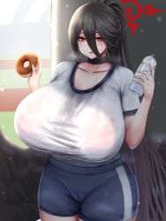 Rule 34 | 1girl, black hair, blue archive, bottle, breasts, cameltoe, choker, collarbone, dot nose, doughnut, female focus, food, gym uniform, hair between eyes, halo, hasumi (blue archive), holding, holding bottle, holding food, huge breasts, long hair, looking at viewer, pale skin, ponytail, red eyes, shorts, smile, solo, standing, thick thighs, thighs, w arms, zetsuhei no roran