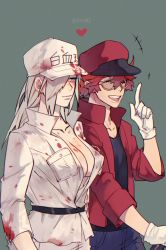 Rule 34 | +++, 10s, 1boy, 1girl, aa-2153, belt, blood, blood on clothes, blue eyes, breasts, cako (a ben), cleavage, clothes writing, glasses, gloves, grey background, hair over one eye, hat, hataraku saibou, hataraku saibou black, heart, highres, jacket, no bra, pale skin, pocket, red blood cell (hataraku saibou), red jacket, silver hair, simple background, smile, twitter username, u-0001, u-1196, white blood cell (hataraku saibou), white gloves