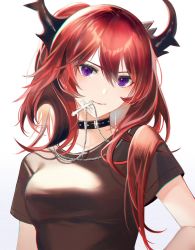 Rule 34 | 1girl, arknights, bad id, bad pixiv id, black choker, black shirt, breasts, choker, commentary, cross, cross necklace, gradient background, grey background, hair between eyes, highres, horns, jewelry, long hair, looking at viewer, medium breasts, mike (kayomire), mouth hold, necklace, official alternate costume, purple eyes, red hair, revision, shirt, short sleeves, smile, solo, surtr (arknights), surtr (liberte echec) (arknights), upper body, white background