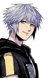 Rule 34 | 1boy, aqua eyes, black hoodie, commentary, english commentary, grey hair, hair between eyes, hood, hood down, hoodie, kingdom hearts, kingdom hearts iii, looking at viewer, male focus, owlforkh, riku (kingdom hearts), shirt, short hair, short sleeves, smile, solo, striped sleeves, upper body, white background, white shirt