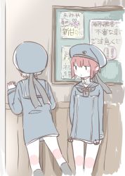 Rule 34 | 2girls, against wall, blush, blush stickers, board, commentary request, dress, hat, indoors, kantai collection, karin bluez3, long sleeves, multiple girls, red hair, sailor dress, sailor hat, short hair, translation request, z1 leberecht maass (kancolle), z3 max schultz (kancolle)
