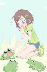 Rule 34 | 1girl, absurdres, artist request, blue background, blue eyes, blue shorts, blue sky, brown hair, child, denim, denim shorts, frog, full body, grass, green footwear, green hair ornament, green shirt, highres, indie virtual youtuber, lily hopkins, looking at animal, looking at frog, shirt, shoes, shorts, simple background, sky, sneakers, striped clothes, striped shirt, t-shirt, tagme