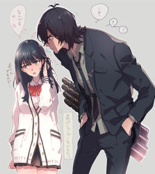 Rule 34 | 10s, 1boy, 1girl, black hair, black neckwear, black skirt, black suit, blue eyes, bow, bowtie, buttons, closed mouth, facial hair, formal, geiyajin, grey background, gridman universe, hair between eyes, hand in own hair, hands in pockets, leaning forward, long hair, long sleeves, looking at another, looking to the side, miniskirt, multiple swords, necktie, open mouth, pleated skirt, red neckwear, samurai calibur, school uniform, sheath, sheathed, simple background, skirt, speech bubble, ssss.gridman, stubble, suit, sweater, sword, takarada rikka, thighs, translation request, weapon, white sweater