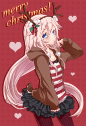 Rule 34 | 1girl, blue eyes, braid, horns, ia (vocaloid), long hair, looking at viewer, merry christmas, pantyhose, pink hair, skirt, solo, striped clothes, striped pantyhose, thigh strap, twin braids, vertical-striped clothes, vertical-striped pantyhose, very long hair, vocaloid, yayoi (egoistic realism)