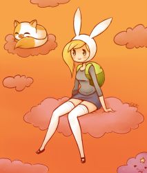 Rule 34 | 1girl, :t, adventure time, animal hood, asymmetrical hair, blonde hair, blush, breasts, cake (adventure time), cat, closed eyes, cloud, fionna campbell, frown, gender request, genderswap, gias-ex-machella, green eyes, hip focus, hood, long hair, lumpy space prince, open mouth, rabbit hood, skirt, thighhighs, white thighhighs, wide hips, zettai ryouiki