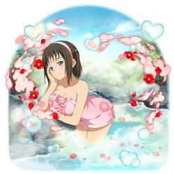 Rule 34 | 1girl, blue eyes, bow, breasts, brown hair, cleavage, closed mouth, collarbone, flower, hair bow, hairband, head rest, head tilt, highres, large breasts, leaning forward, naked towel, official art, pink bow, pink hairband, pink towel, print towel, red flower, ronye arabel, short hair, short twintails, smile, solo, sword art online, sword art online: alicization, towel, transparent background, twintails, wading, wet, wet hair