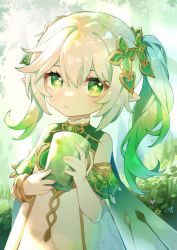 Rule 34 | 1girl, bracelet, cape, child, commentary, cross-shaped pupils, cup, detached sleeves, dress, genshin impact, gradient hair, green cape, green eyes, green hair, green sleeves, hair ornament, jewelry, leaf hair ornament, lizhilv, long hair, multicolored hair, nahida (genshin impact), pointy ears, side ponytail, solo, symbol-only commentary, symbol-shaped pupils, white dress, white hair