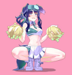 Rule 34 | 1girl, absurdres, alfie (tmdals7645), animal ears, bare shoulders, blue archive, blue eyes, blush, breasts, cheerleader, crop top, dog ears, dog girl, dog tail, eyewear on head, goggles, goggles on head, halo, hibiki (blue archive), hibiki (cheer squad) (blue archive), highres, holding, holding pom poms, long hair, looking at viewer, medium breasts, millennium cheerleader outfit (blue archive), miniskirt, navel, open mouth, pink background, pom pom (cheerleading), pom poms, red background, shoes, simple background, skirt, sneakers, spread legs, squatting, sticker on arm, sunglasses, sweat, tail, twintails, white skirt