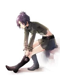 Rule 34 | 1girl, boots, breasts, chrome dokuro, commentary request, eyepatch, katekyo hitman reborn!, looking at viewer, midriff, purple eyes, purple hair, shiratama akari, short hair, simple background, skirt, solo, white background