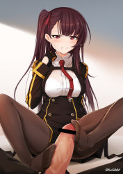 Rule 34 | 1boy, 1girl, asymmetrical bangs, bar censor, black dress, black gloves, black pantyhose, blush, bra, bra visible through clothes, breasts, brown hair, buttons, censored, clenched teeth, double-breasted, dress, erection, feet, footjob, girls&#039; frontline, gloves, hand up, hetero, large breasts, long hair, long sleeves, macchiato (jae-min cho), military, military uniform, necktie, no shoes, one side up, pantyhose, parted lips, pelvic curtain, penis, pov, purple eyes, red necktie, see-through, shirt, short dress, sitting, spread legs, teeth, toes, tsurime, twitter username, underwear, uniform, wa2000 (girls&#039; frontline), white bra, white shirt