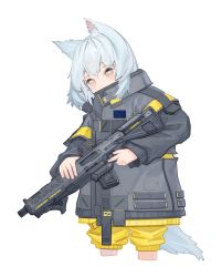 Rule 34 | 1girl, absurdres, animal ears, black jacket, blue hair, blue tail, brown eyes, commentary, cropped legs, fox ears, fox tail, gun, highres, holding, holding gun, holding weapon, jacket, looking down, original, puremage, rifle, scope, shorts, solo, symbol-only commentary, tail, weapon, white background, yellow shorts