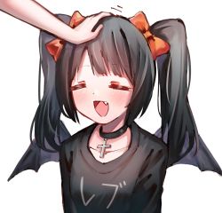 Rule 34 | 1girl, bat wings, black hair, black sweater, blush, choker, closed eyes, cross, cross necklace, fang, hair ribbon, happy, headpat, highres, jewelry, karses, long sleeves, microphone, necklace, out of frame, rev says desu, ribbon, simple background, smile, sweater, twintails, virtual youtuber, white background, wings