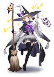 Rule 34 | 1girl, 6688km, afk arena, black dress, blonde hair, boots, coffee mug, cup, dress, hat, highres, mug, solo, standing, standing on one leg, star (symbol), white background, white dress, witch hat