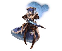 Rule 34 | 1girl, blue eyes, blue hair, boots, collar, fingerless gloves, full body, fur trim, gloves, granblue fantasy, hat, holding, holding weapon, jewelry, juliet sleeves, long coat, long sleeves, looking at viewer, magnifying glass, minaba hideo, miniskirt, official art, pantyhose, puffy sleeves, skirt, smile, solo, sword, therese (granblue fantasy), transparent background, weapon