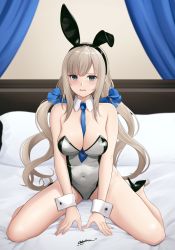 Rule 34 | 1girl, alternate costume, animal ears, between breasts, black hairband, black leotard, blue bow, blue eyes, blue necktie, bow, breasts, covered navel, detached collar, fake animal ears, grey leotard, hair bow, hairband, highres, kantai collection, large breasts, leotard, light brown hair, long hair, low twintails, maryland (kancolle), necktie, necktie between breasts, odachu, playboy bunny, rabbit ears, sitting, solo, strapless, strapless leotard, twintails, two-tone leotard, wariza, wrist cuffs
